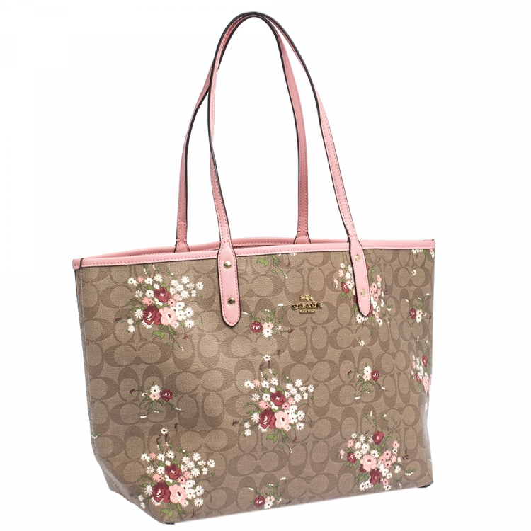 Pre Owned Coach Pink/Beige Signature Floral Print Coated Canvas and Leather Reversible City Tote