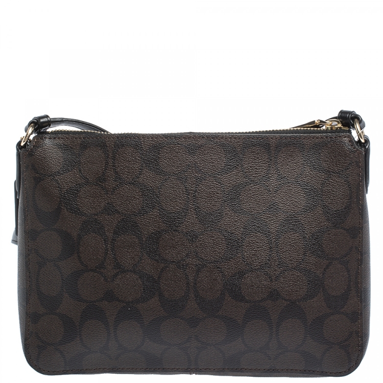 Pre Owned Coach Brown/Black Signature Coated Canvas and Leather Crossbody Bag