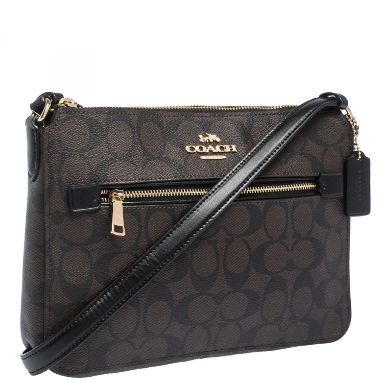 Pre Owned Coach Brown/Black Signature Coated Canvas and Leather Crossbody Bag