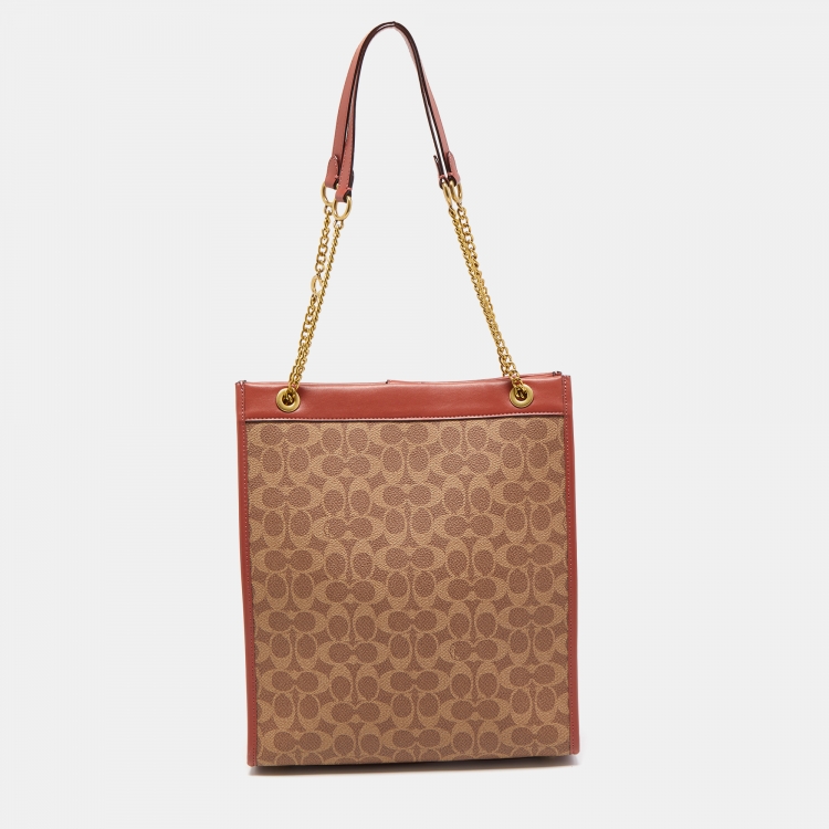 Pre Owned Coach Old Rose/Beige Signature Coated Canvas Cashin Chain Tote