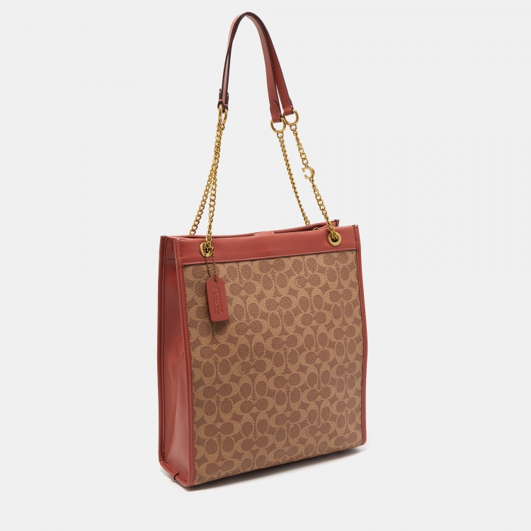 Pre Owned Coach Old Rose/Beige Signature Coated Canvas Cashin Chain Tote