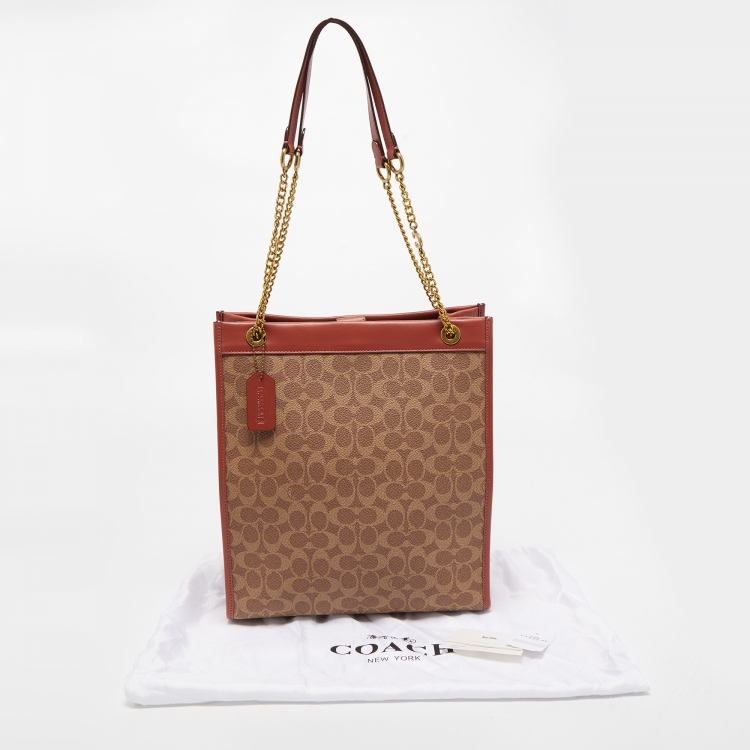 Pre Owned Coach Old Rose/Beige Signature Coated Canvas Cashin Chain Tote