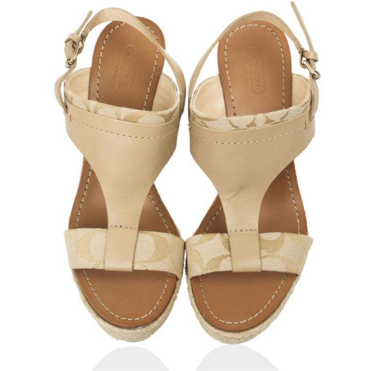 Pre Owned Coach Khaki Leather &amp; Signature Canvas Mendez Cork Wedges Sandals Size 39.5