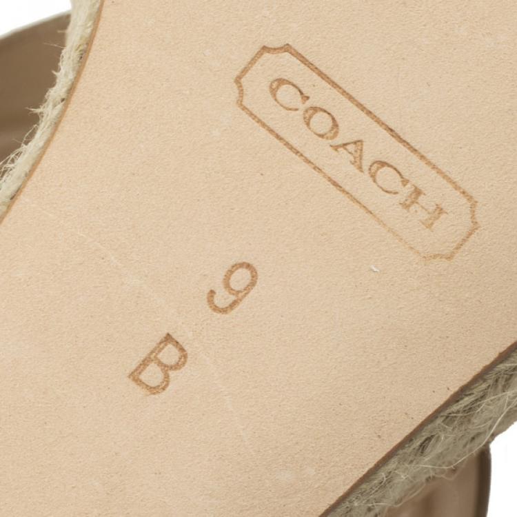 Pre Owned Coach Khaki Leather &amp; Signature Canvas Mendez Cork Wedges Sandals Size 39.5
