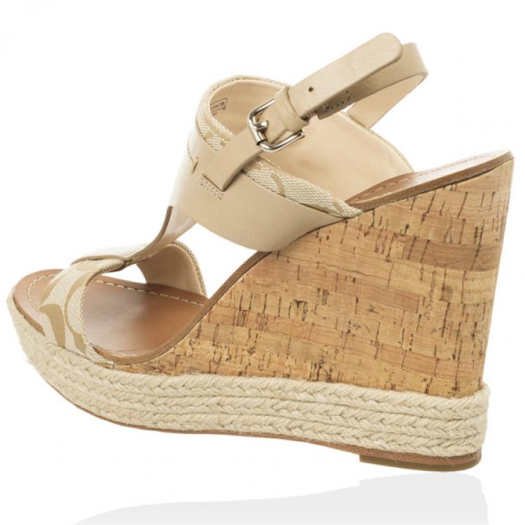 Pre Owned Coach Khaki Leather &amp; Signature Canvas Mendez Cork Wedges Sandals Size 39.5