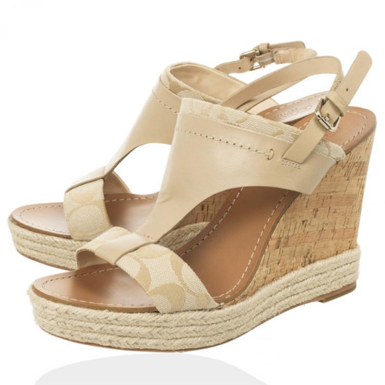 Pre Owned Coach Khaki Leather &amp; Signature Canvas Mendez Cork Wedges Sandals Size 39.5