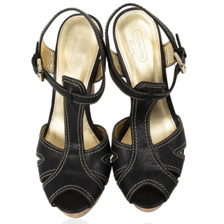 Pre Owned Coach Black Leather Bianca Platform Sandals Size 39.5