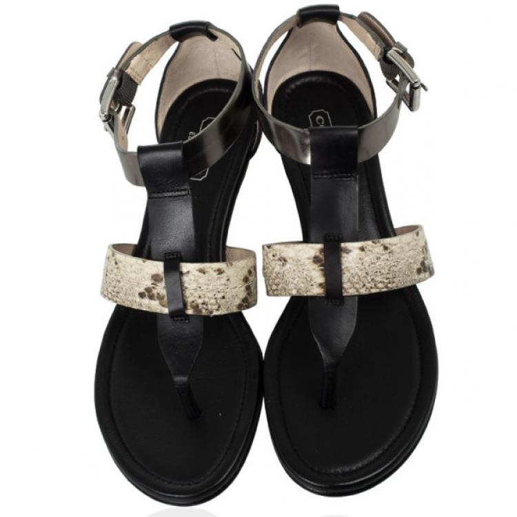مملوكة مسبقًا Coach Black Leather &amp; Snakeskin T Strap Velvet Wedges Sandals Size 37