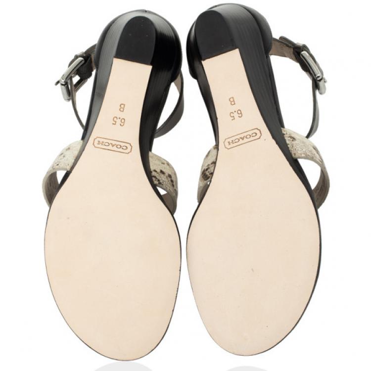 مملوكة مسبقًا Coach Black Leather &amp; Snakeskin T Strap Velvet Wedges Sandals Size 37