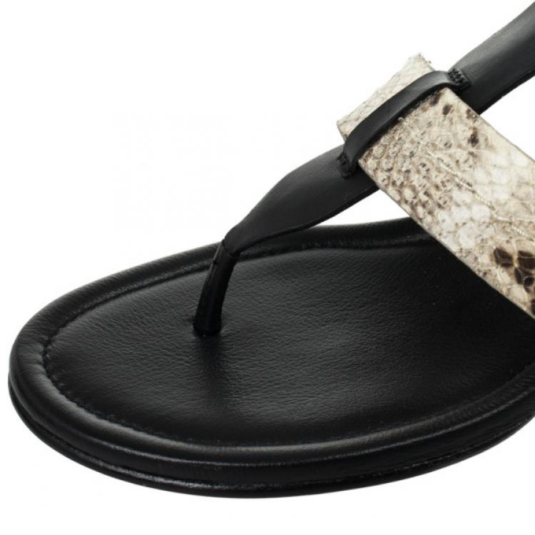 مملوكة مسبقًا Coach Black Leather &amp; Snakeskin T Strap Velvet Wedges Sandals Size 37