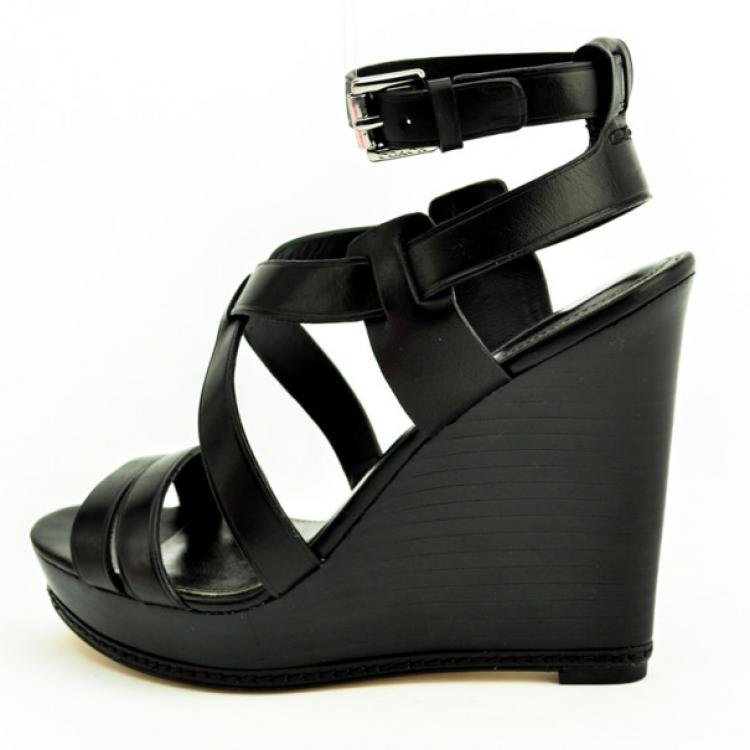 Pre Owned Coach Black Leather Macey Wedges Sandals Size 36.5