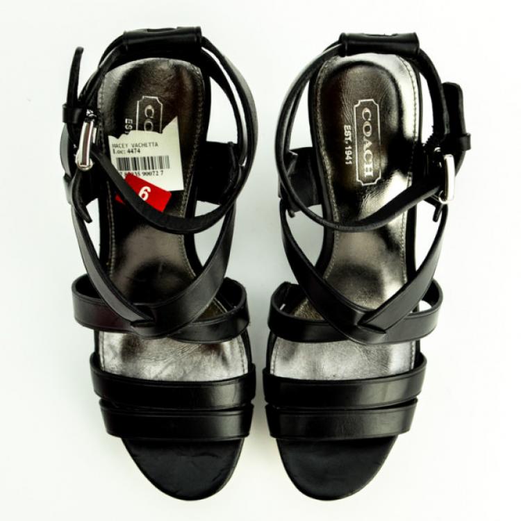 Pre Owned Coach Black Leather Macey Wedges Sandals Size 36.5