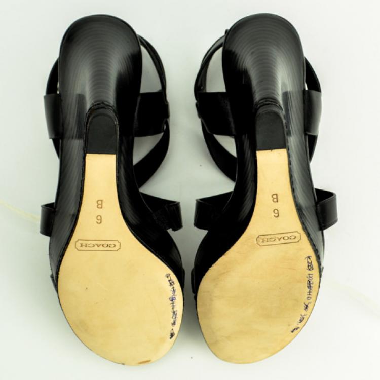 Pre Owned Coach Black Leather Macey Wedges Sandals Size 36.5