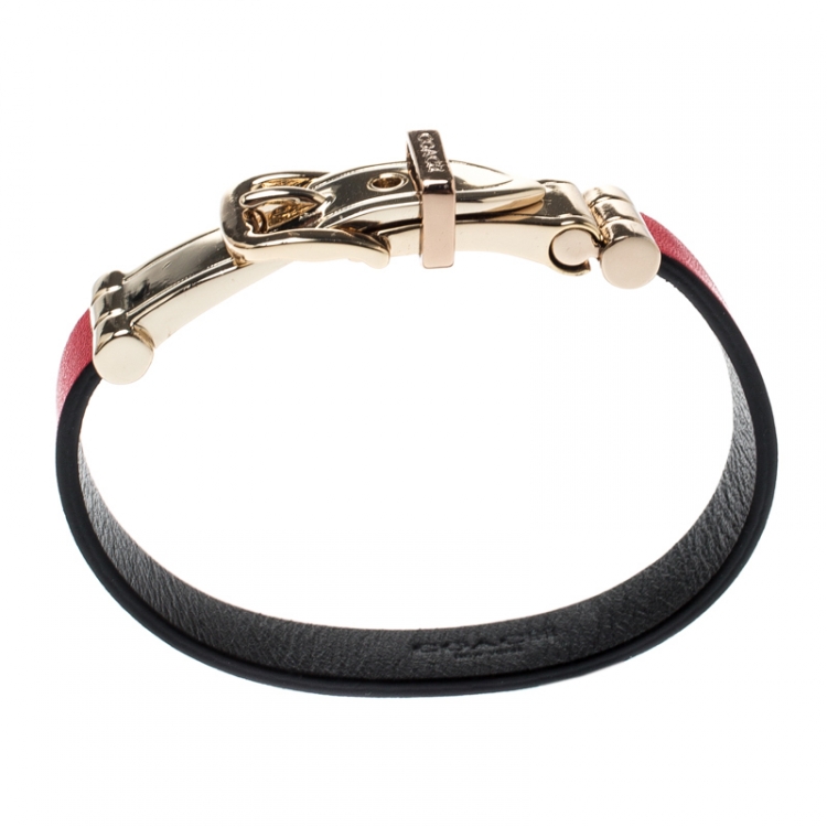 Pre Owned Coach Red Leather Gold Tone Buckle Bracelet