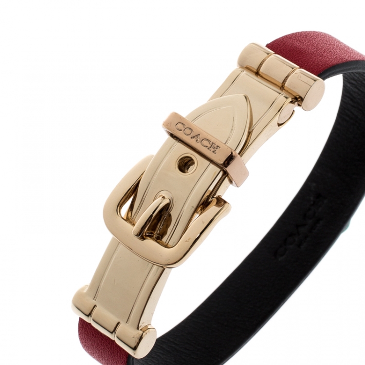Pre Owned Coach Red Leather Gold Tone Buckle Bracelet