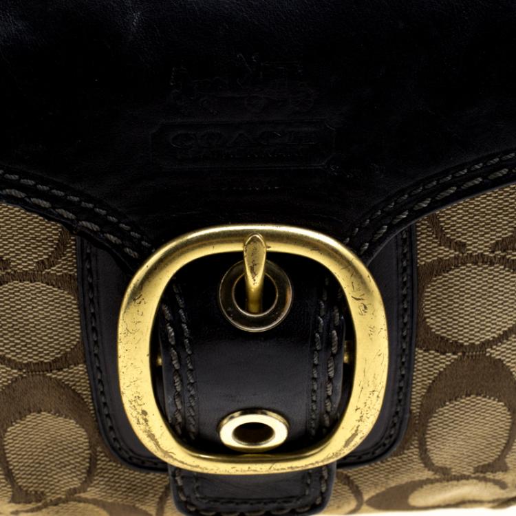 Pre Owned Coach Black/Beige Canvas and Leather Signature Buckle Shoulder Bag