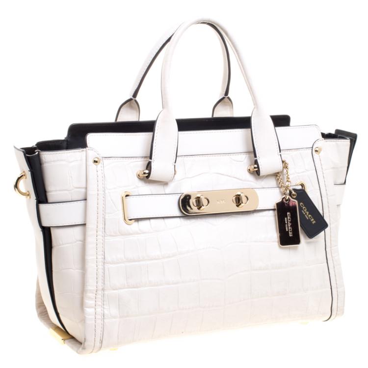 Pre Owned Coach Off White Croc Embossed Leather Large Swagger Top Handle Bag
