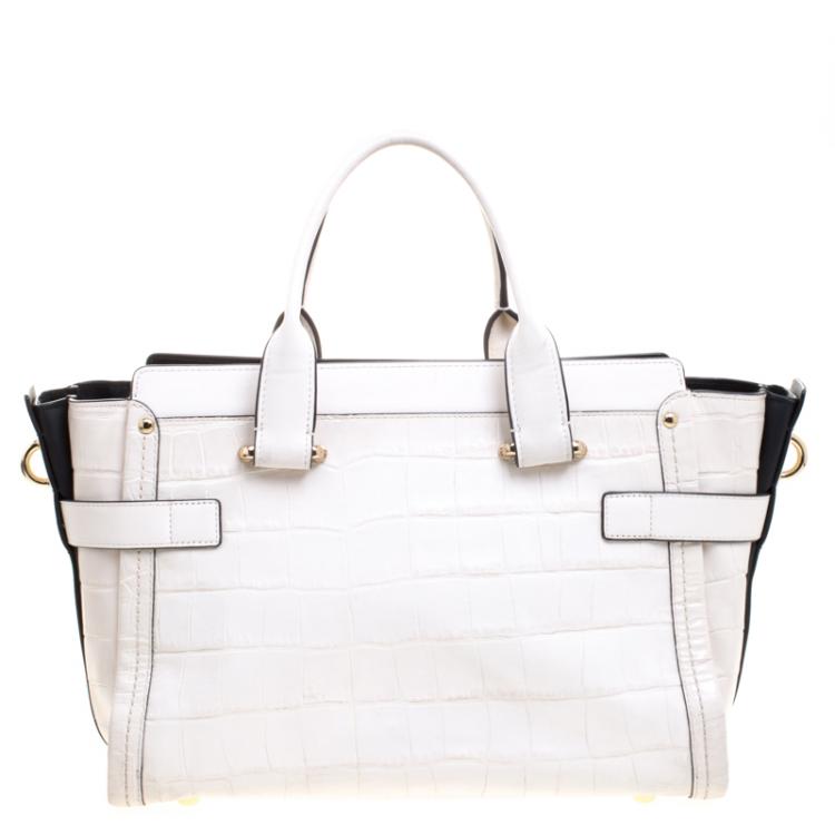Pre Owned Coach Off White Croc Embossed Leather Large Swagger Top Handle Bag