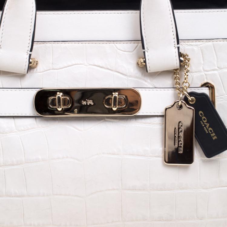 Pre Owned Coach Off White Croc Embossed Leather Large Swagger Top Handle Bag