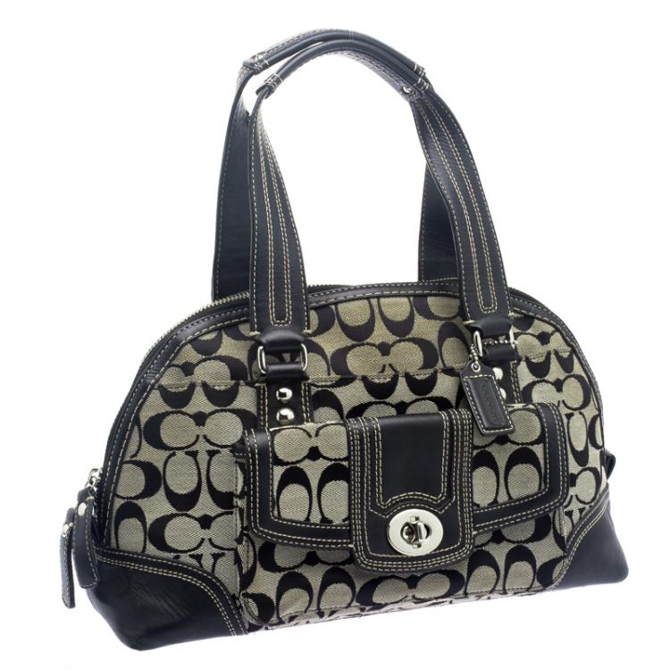 Pre Owned Coach Black/Beige Canvas and Leather Satchel