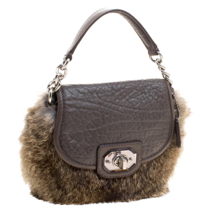 Pre Owned Coach Grey Rabbit Fur and Leather Handbag