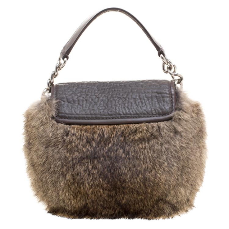 Pre Owned Coach Grey Rabbit Fur and Leather Handbag