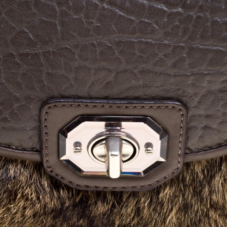 Pre Owned Coach Grey Rabbit Fur and Leather Handbag
