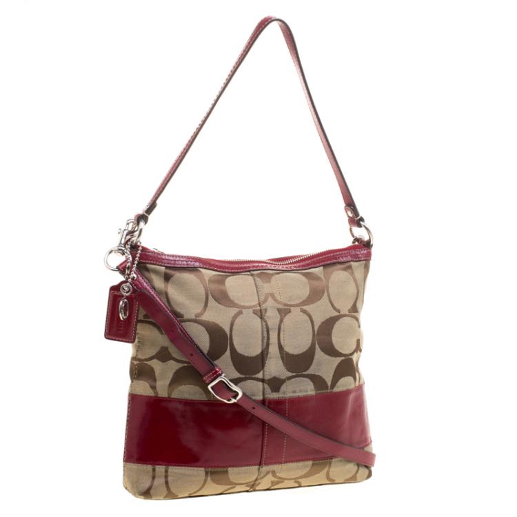 Pre Owned Coach Beige/Red Canvas Signature Crossbody Bag