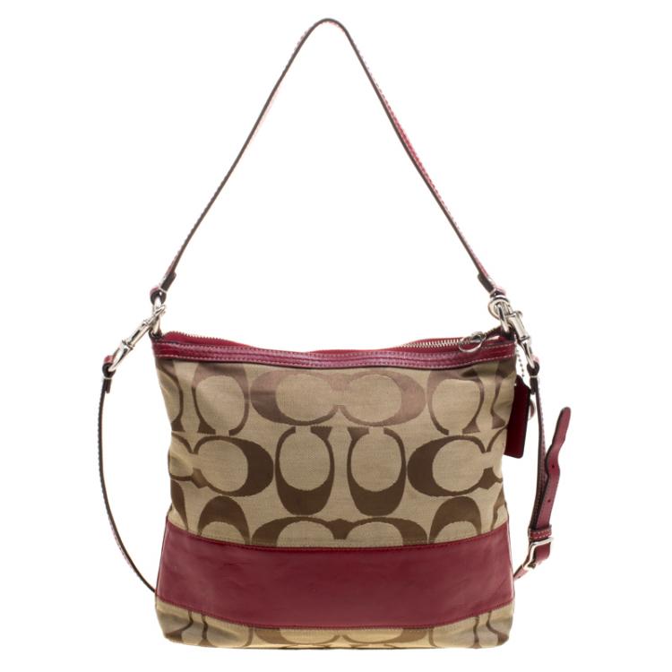 Pre Owned Coach Beige/Red Canvas Signature Crossbody Bag