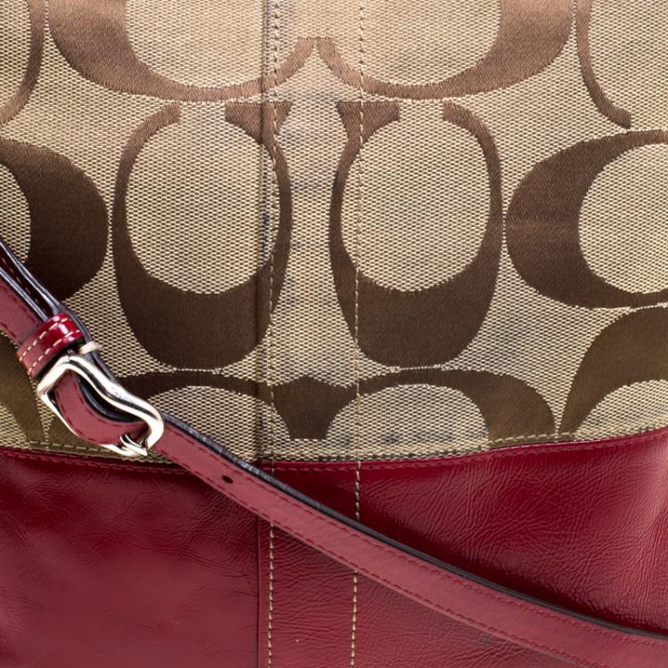 Pre Owned Coach Beige/Red Canvas Signature Crossbody Bag