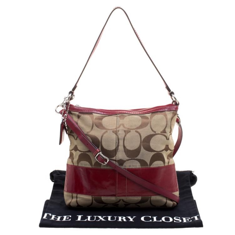 Pre Owned Coach Beige/Red Canvas Signature Crossbody Bag