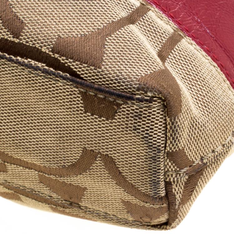 Pre Owned Coach Beige/Red Canvas Signature Crossbody Bag