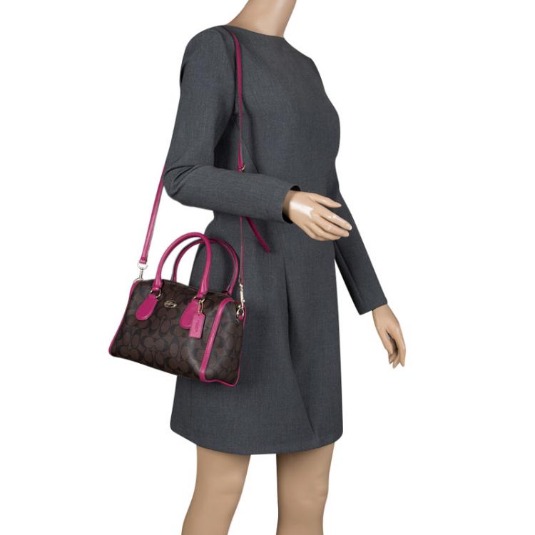 Pre Owned Coach Brown/Purple Signature Printed Canvas Mini Bennett Satchel