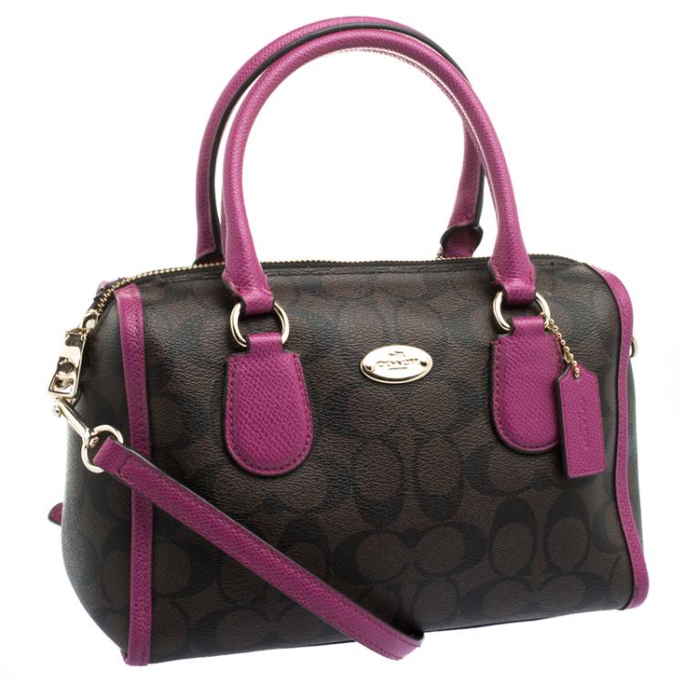 Pre Owned Coach Brown/Purple Signature Printed Canvas Mini Bennett Satchel