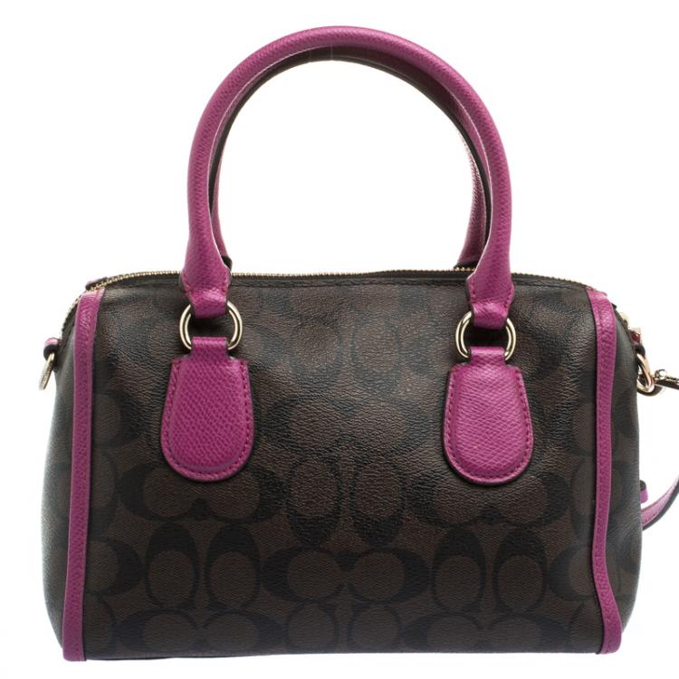 Pre Owned Coach Brown/Purple Signature Printed Canvas Mini Bennett Satchel