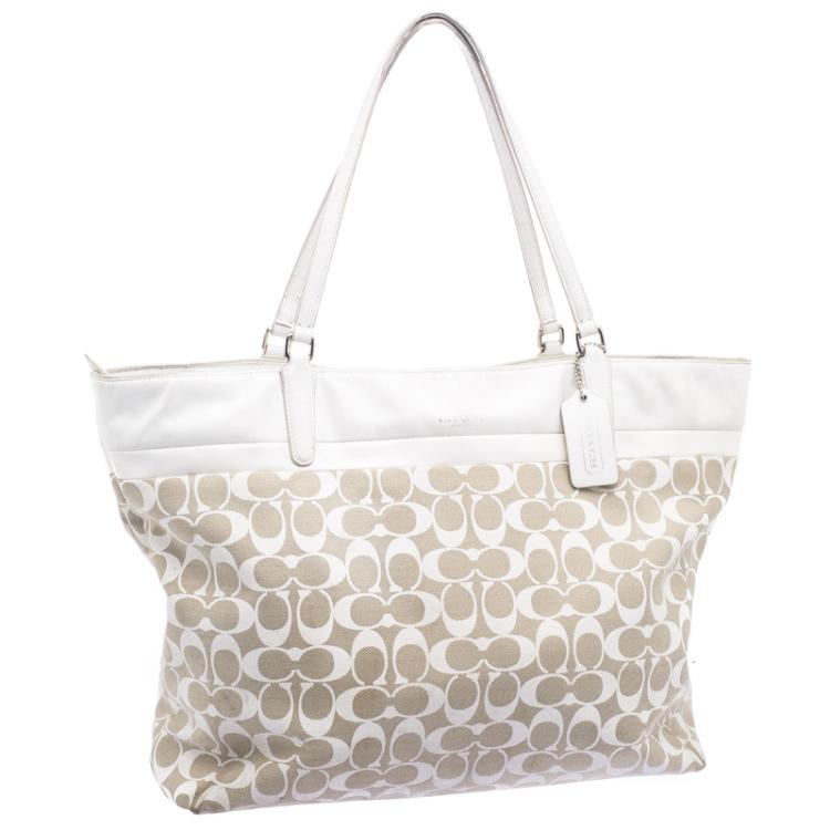 Pre Owned Coach Beige/White Canvas and Leather Tote