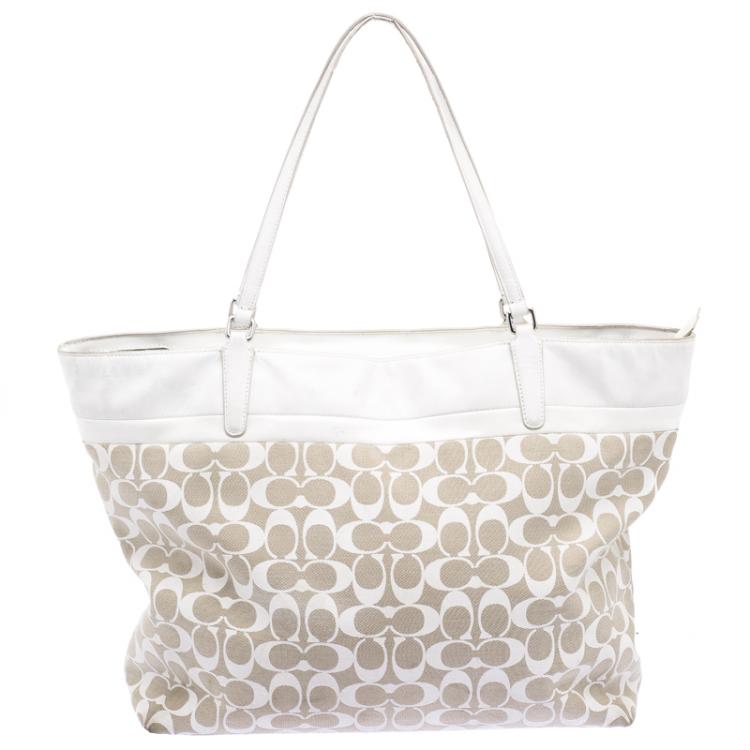 Pre Owned Coach Beige/White Canvas and Leather Tote