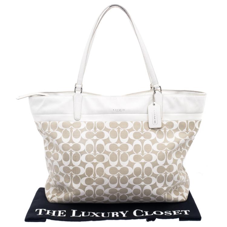 Pre Owned Coach Beige/White Canvas and Leather Tote