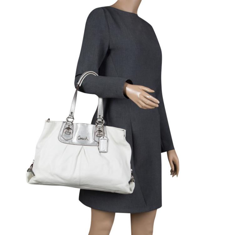 Pre Owned Coach White/Silver Leather Ashley Tote