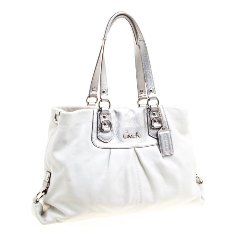 Pre Owned Coach White/Silver Leather Ashley Tote