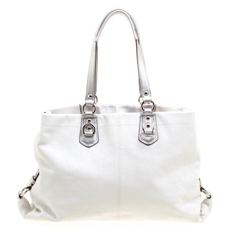 Pre Owned Coach White/Silver Leather Ashley Tote