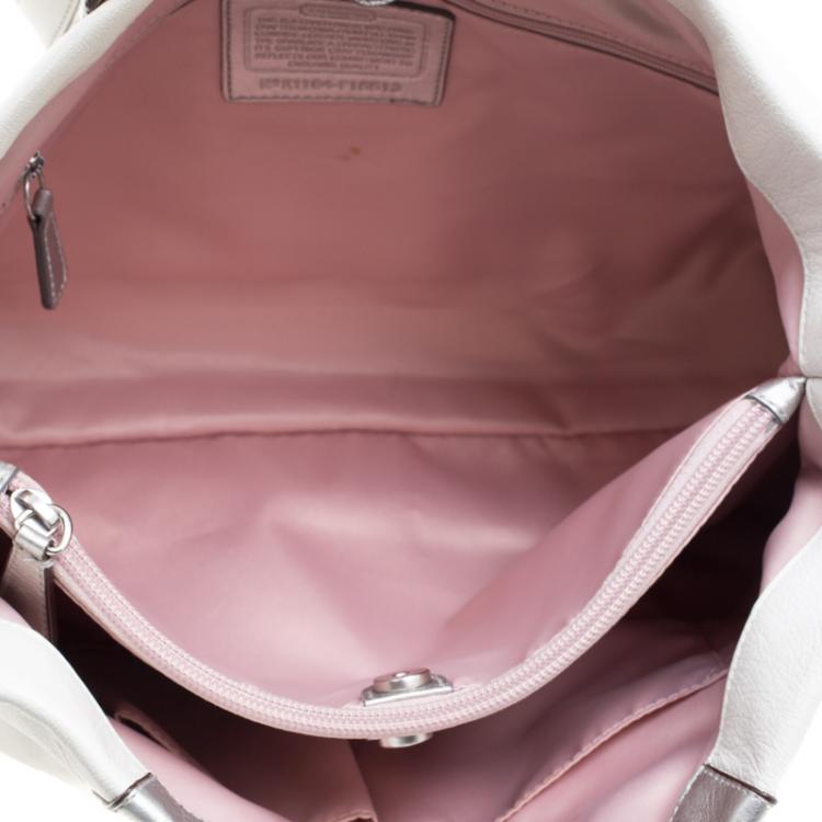 Pre Owned Coach White/Silver Leather Ashley Tote