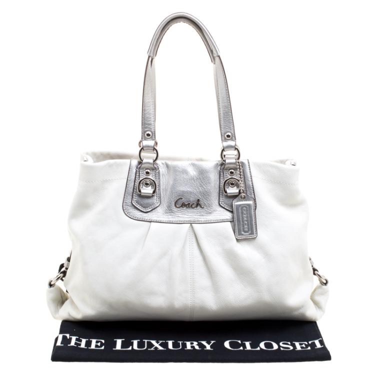 Pre Owned Coach White/Silver Leather Ashley Tote