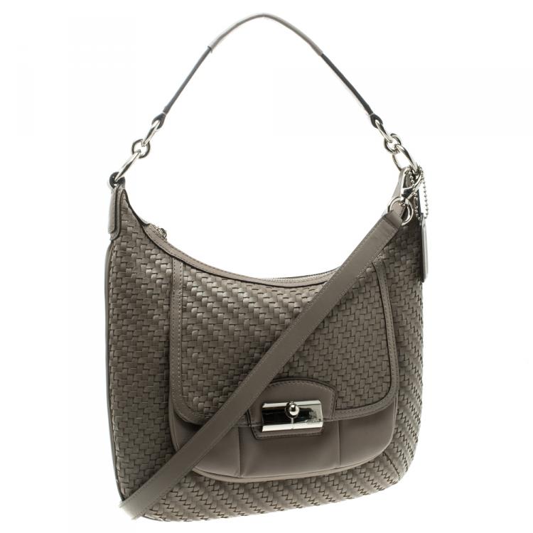 Pre Owned Coach Grey Woven Leather Kristin Hobo