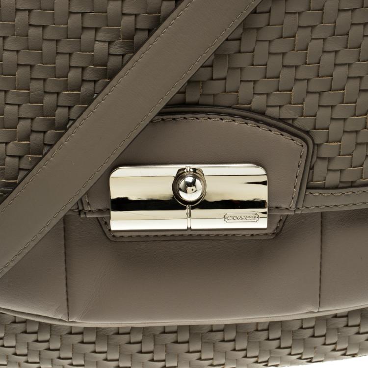 Pre Owned Coach Grey Woven Leather Kristin Hobo