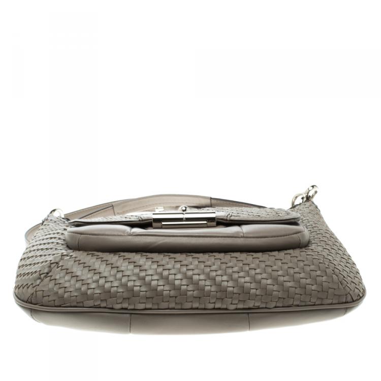 Pre Owned Coach Grey Woven Leather Kristin Hobo