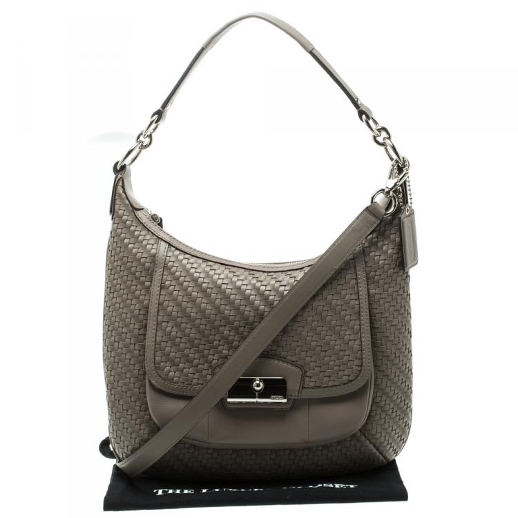 Pre Owned Coach Grey Woven Leather Kristin Hobo