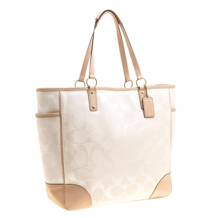Pre Owned Coach White/Beige Coated Canvas and Leather Large City Tote