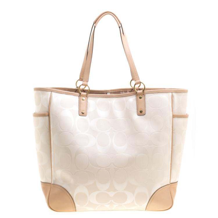 Pre Owned Coach White/Beige Coated Canvas and Leather Large City Tote