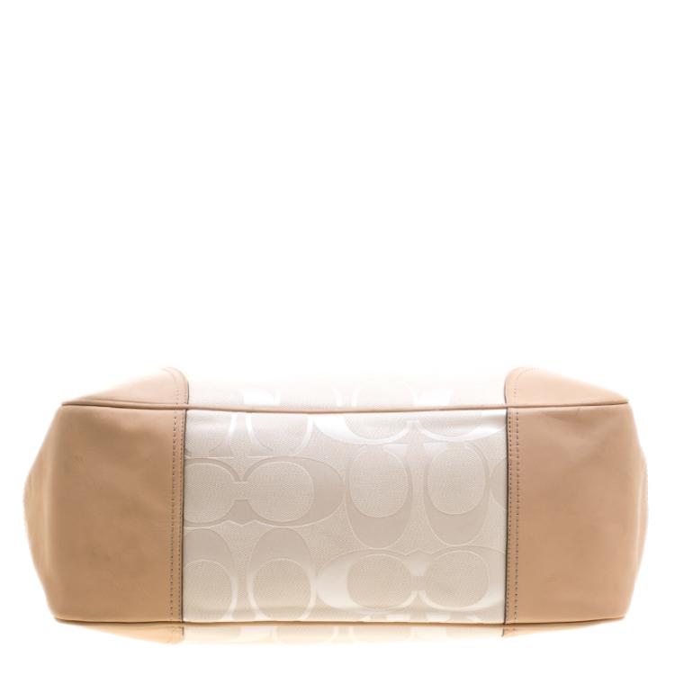 Pre Owned Coach White/Beige Coated Canvas and Leather Large City Tote